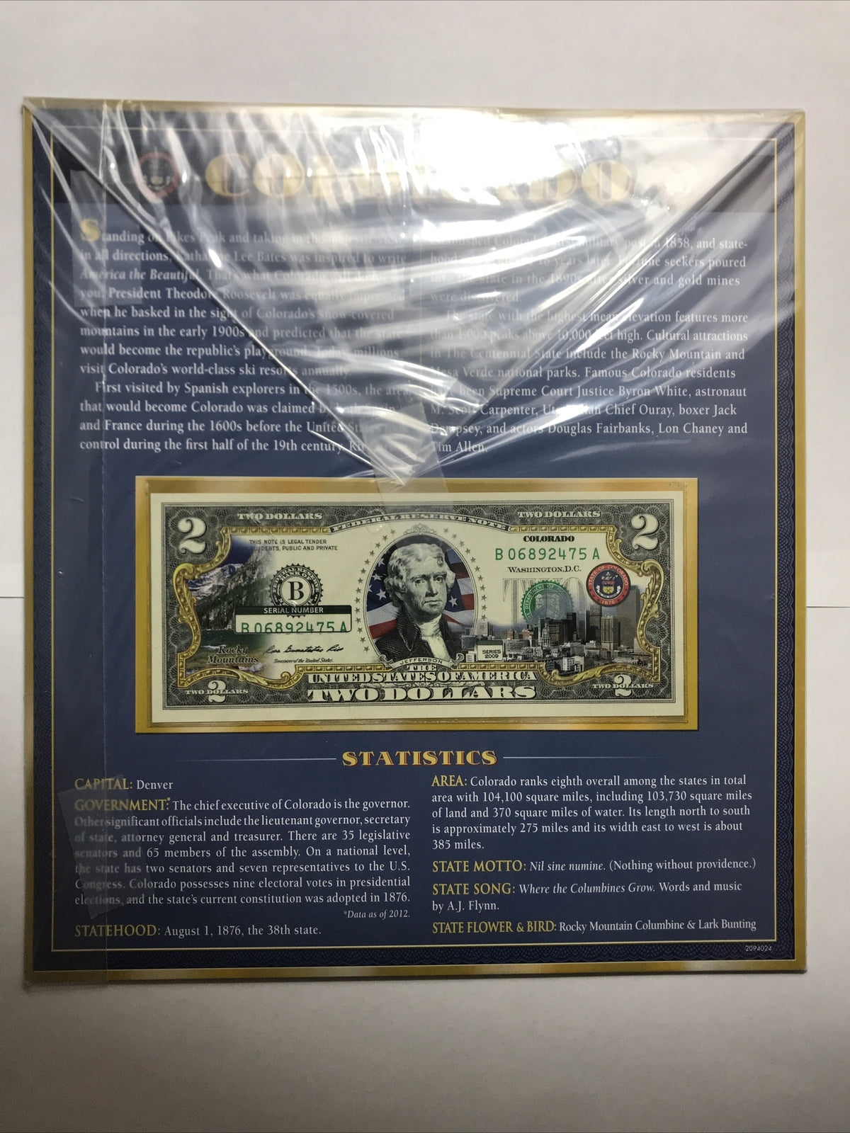 COLORIZED $2 NOTE SET COLORADO and WASHINGTON, D.C. GENUINE LEGAL TENDER #2