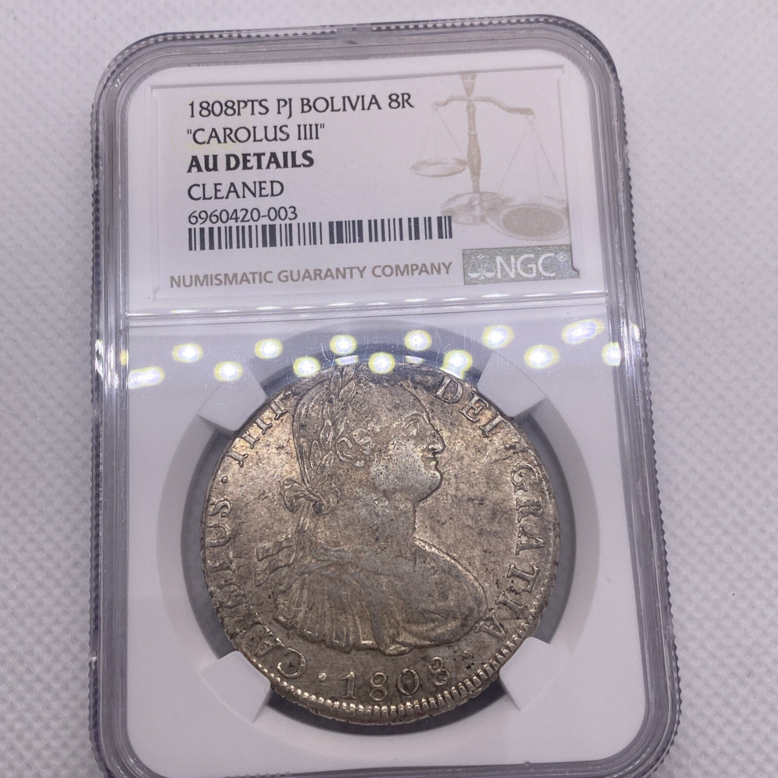 1808 PTS PJ SILVER CHARLES IIII 8 REALES BOLIVIA NGC AU VERY RARE AU #420-003