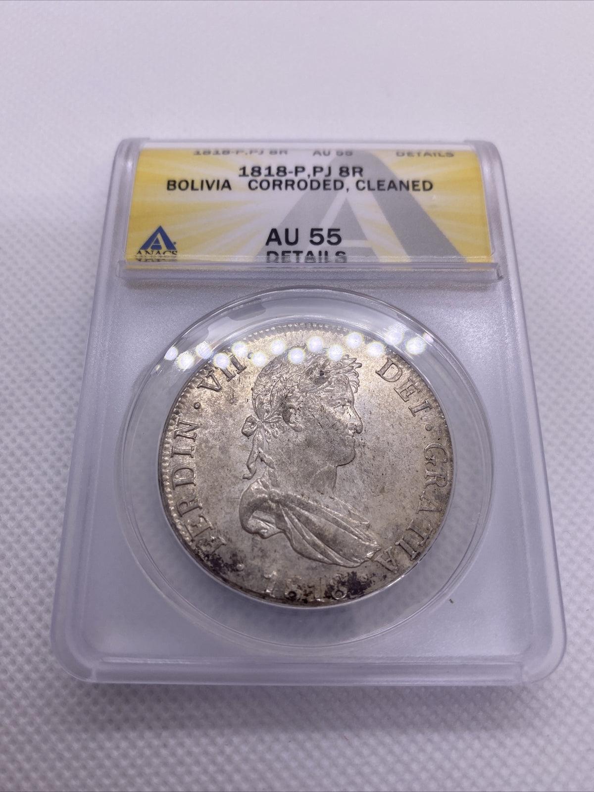 1818 PTS PJ Bolivia Silver 8R 8 Reales AU 55 Details Anacs Silver Potosi #557