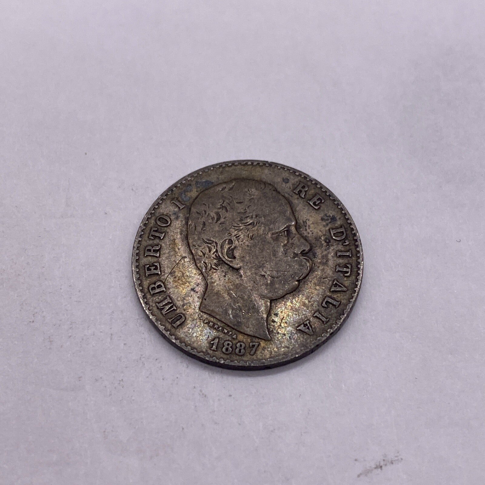 1887  ITALY SILVER ONE 1 LIRA UMBERTO COIN Silver Coin #943-10