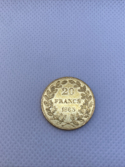1865 20 Francs Belgium  .900 Fine Gold Coin Ruler King Leopold I  #9786