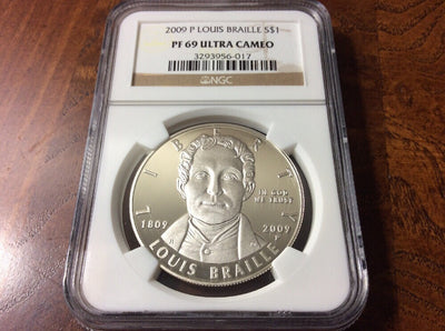 2009 Louis Braille Proof Silver Dollar PF69 NGC PF 69 Ultra Cameo UC