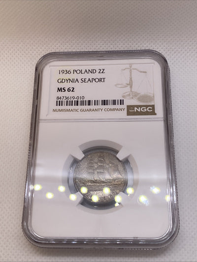 1936 Poland 2 Zlotych Gdynia Seaport Silver Coin NGC MS62 Beautiful Toning Rare