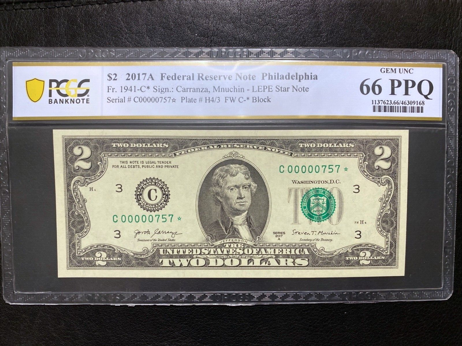 2017  $2 Three Digit Star Note PCGS 66 PPQ 757* Star Two Dollars Pilot's Lucky