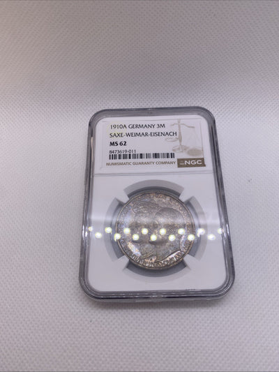 1910A 3M SAXE WEIMAR EISENACH 3 Marks German Wedding NGC MS 62 Silver Toned
