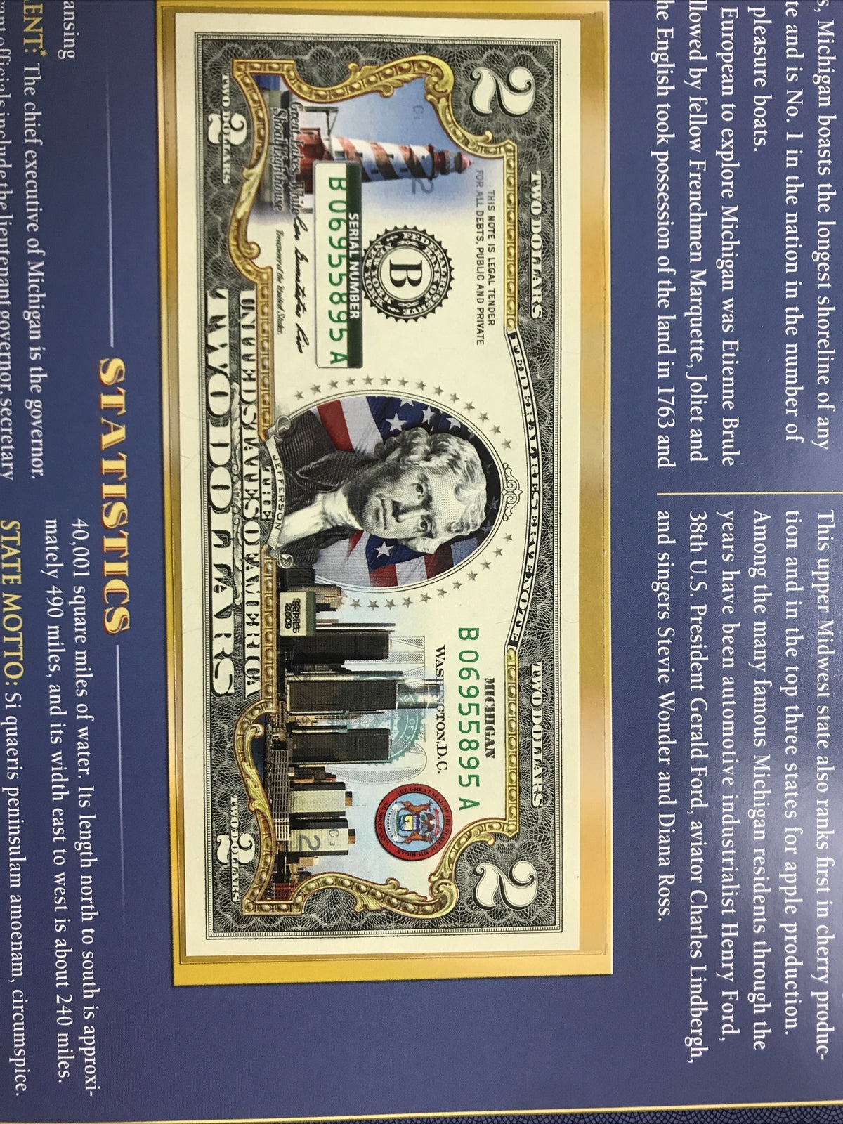 COLORIZED $2 NOTE SET ALABAMA and MICHIGAN GENUINE LEGAL TENDER