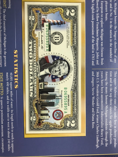 COLORIZED $2 NOTE SET ALABAMA and MICHIGAN GENUINE LEGAL TENDER