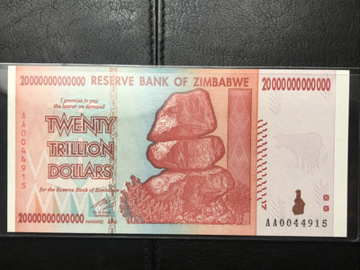 2008 20 Trillion Zimbabwe Dollars Banknote UNC 100 Trillion Series Low Serial #