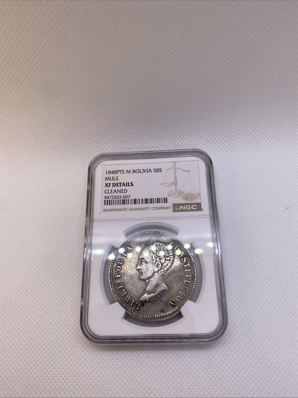 1848 PTS M Potosi Mint Bolivia 8 Soles Silver NGC XF Det Cleaned Silver Coin