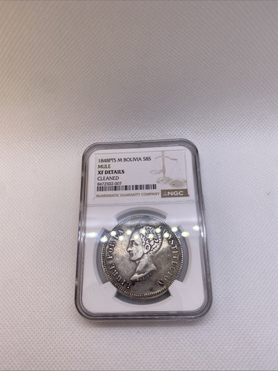 1848 PTS M Potosi Mint Bolivia 8 Soles Silver NGC XF Det Cleaned Silver Coin