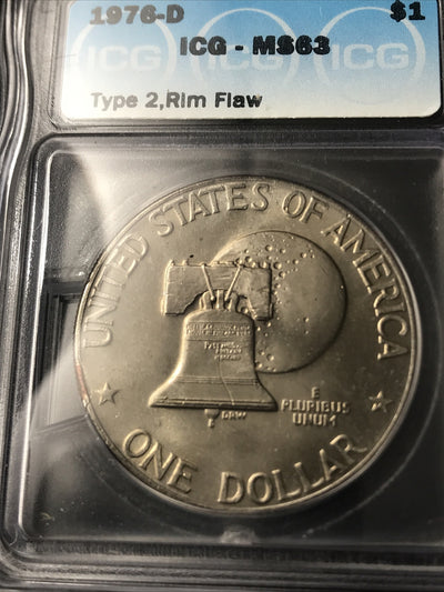 1976 D Ike Dollar $1 Rim Flaw Error ICG MS63 Mint Error