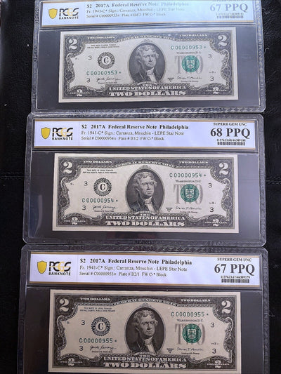 2017  $2 Star Notes 1941-C* PCGS Two 67 PPQ and One 68 PPQ Consecutive 3 * Notes