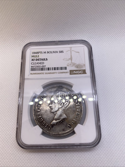 1848 PTS M Potosi Mint Bolivia 8 Soles Silver NGC XF Det Cleaned Silver Coin