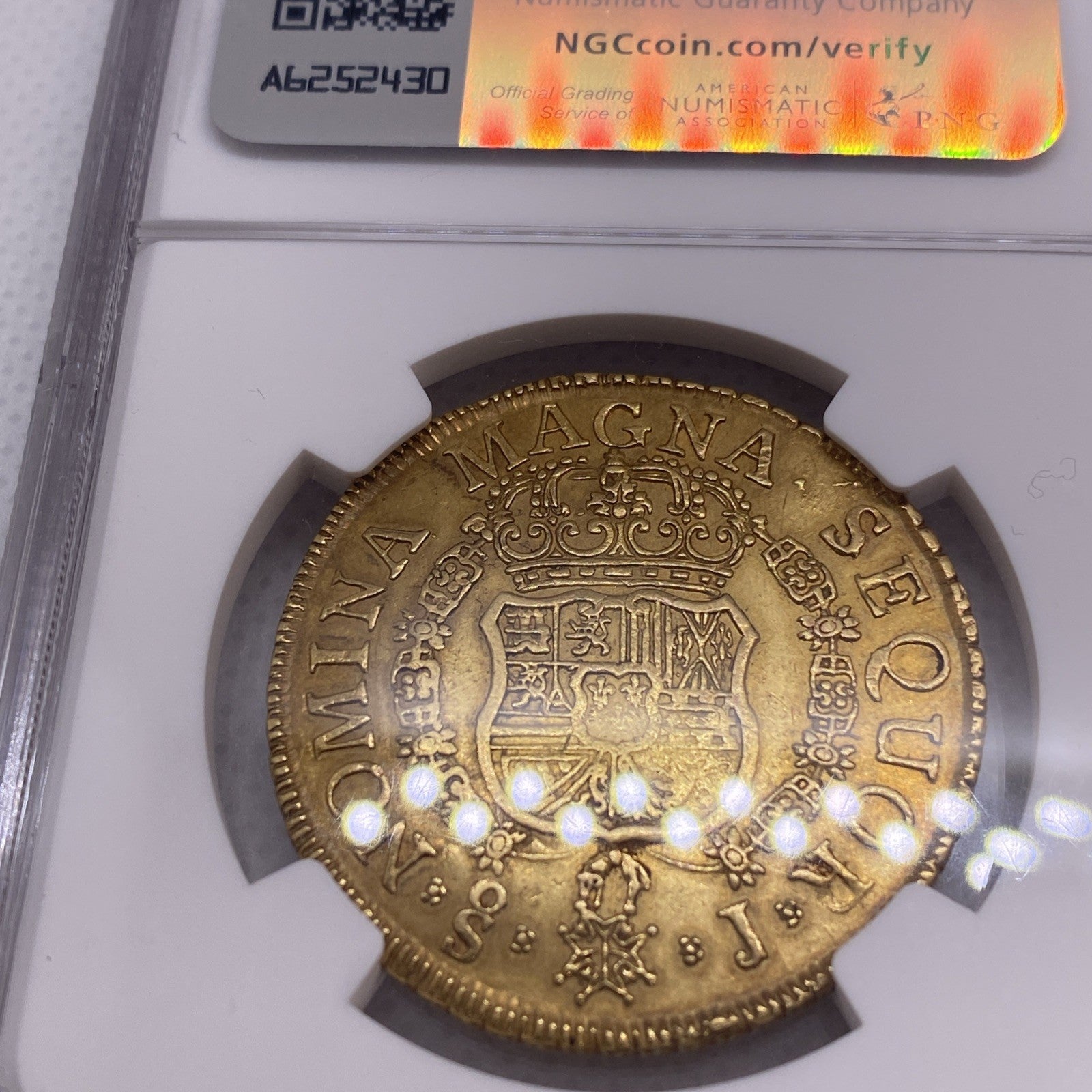 1753 SO J Chile 8 Escudos Gold Coin NGC AU Graded RARE