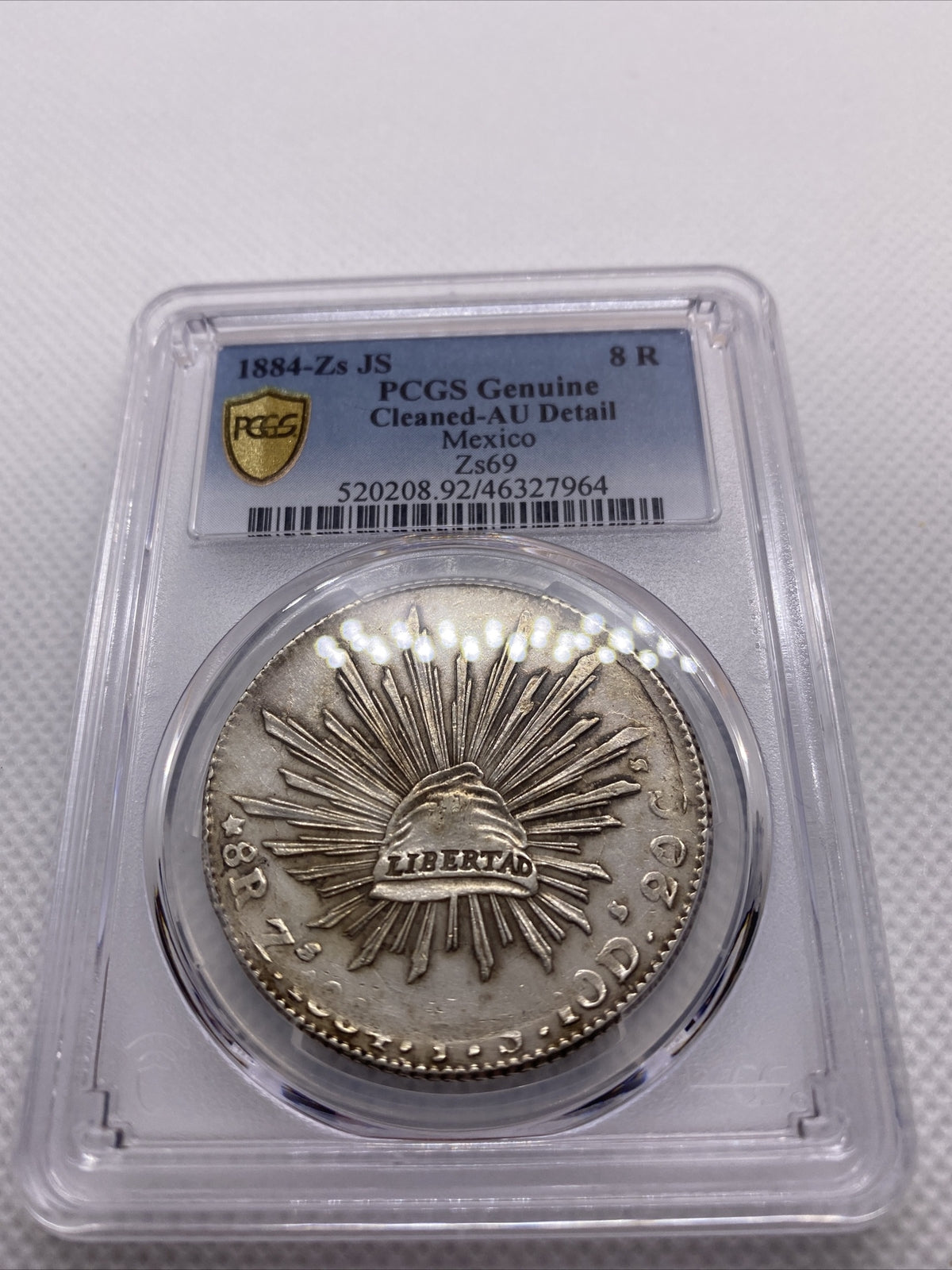 1884 Zs JS 8 Reales Zs69 PCGS AU Details 8R Mexico Silver Coin STRUCK THRU #7964