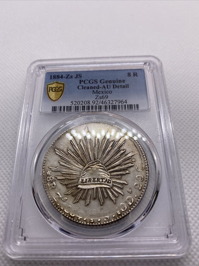 1884 Zs JS 8 Reales Zs69 PCGS AU Details 8R Mexico Silver Coin STRUCK THRU #7964