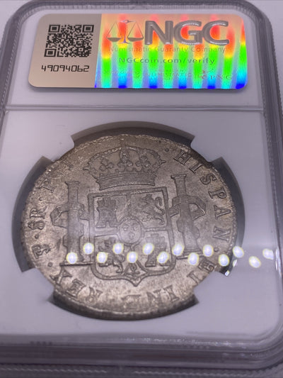 1808 PTS PJ SILVER CHARLES IIII 8 REALES BOLIVIA NGC UNC VERY RARE UNC