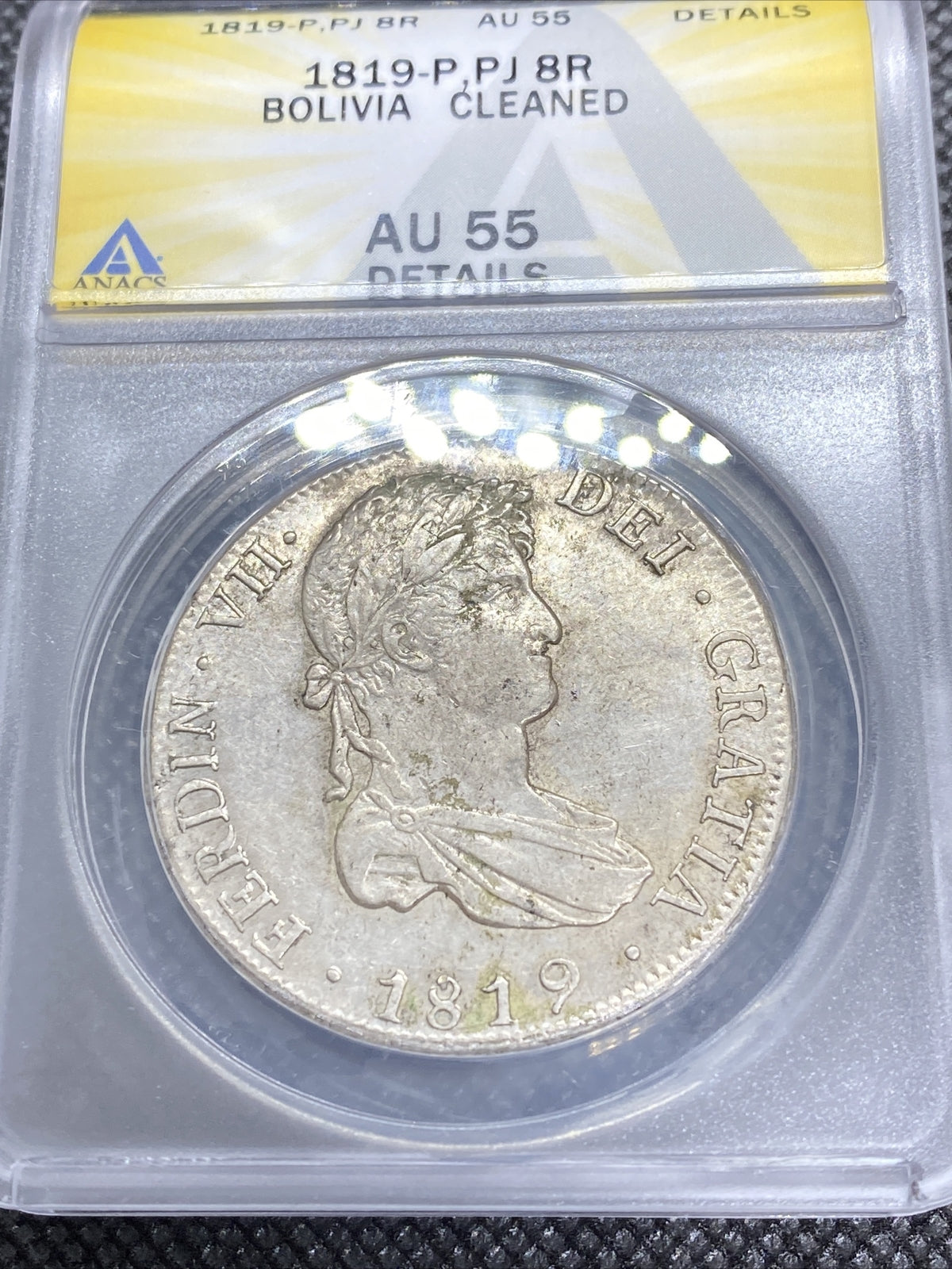 1819 PTS PJ Bolivia Silver 8R 8 Reales AU 55 Details Anacs Silver Potosi #561