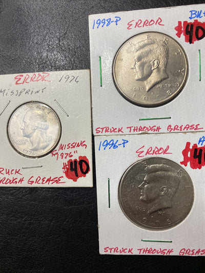 1998 P + 1996 P Kennedy Half Dollars + 1976 Quarter - Struck through Mint Errors