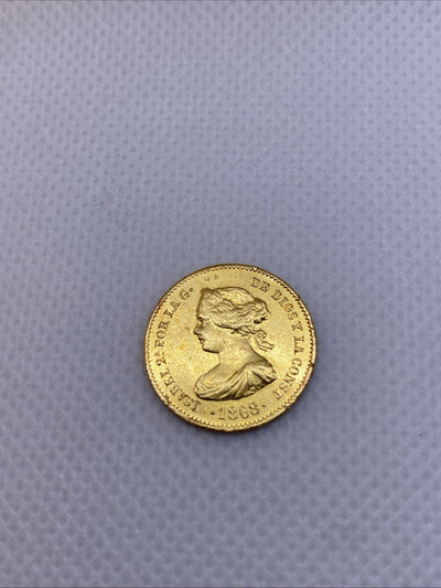 1868 4 Escudos Isabel II Gold Coin Rare