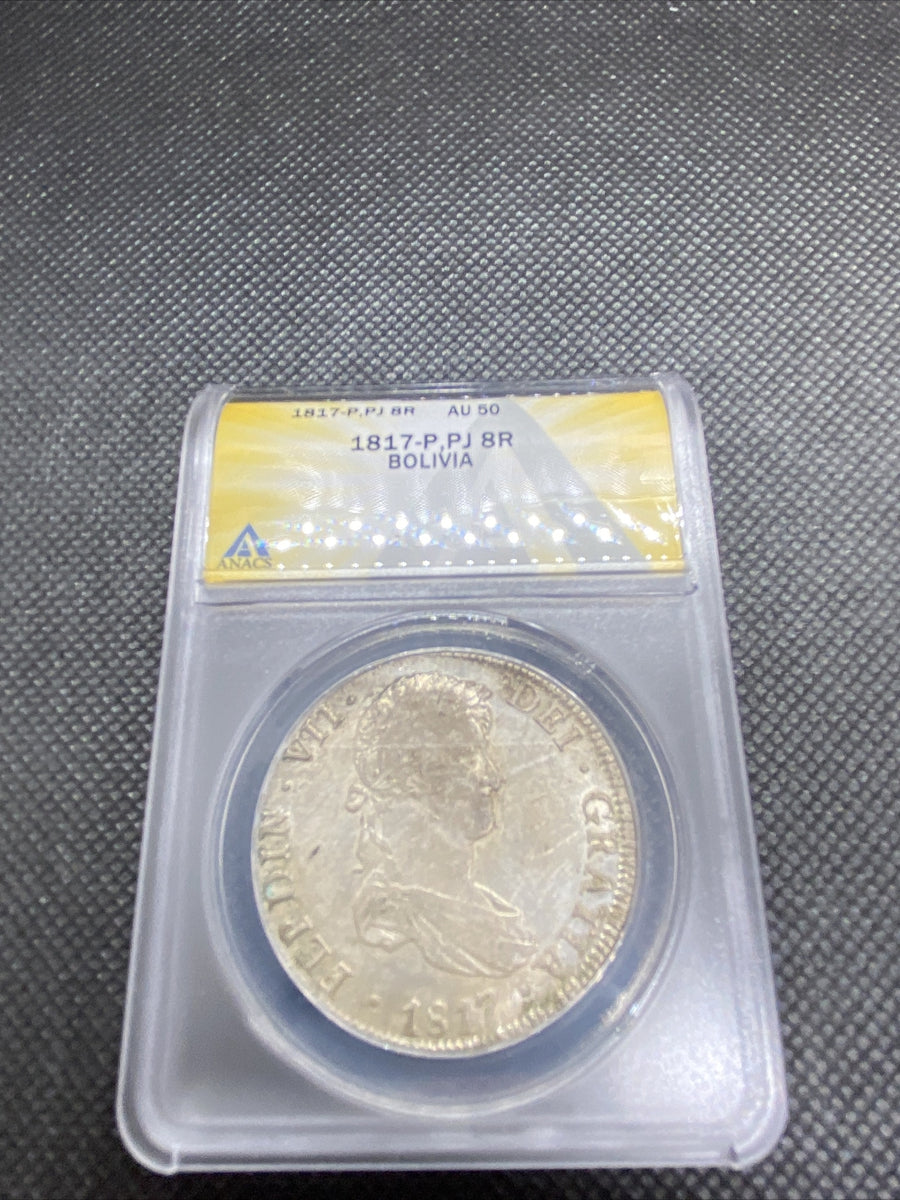 1817 PTS Bolivia 8 Reales 8R Anacs AU50 Silver Coin Colonial Rare