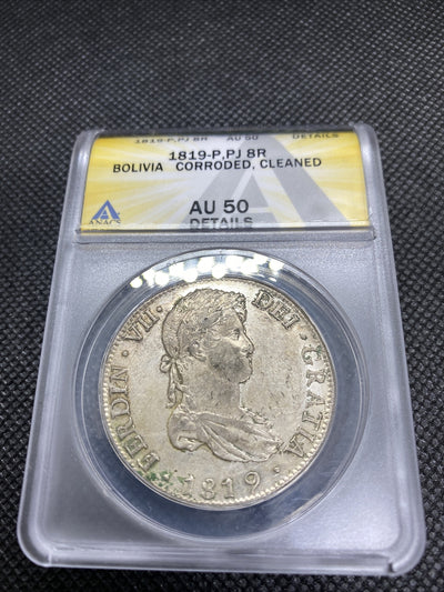 1819 PTS PJ Bolivia Silver 8R 8 Reales AU 50 Details Anacs Silver Potosi #556