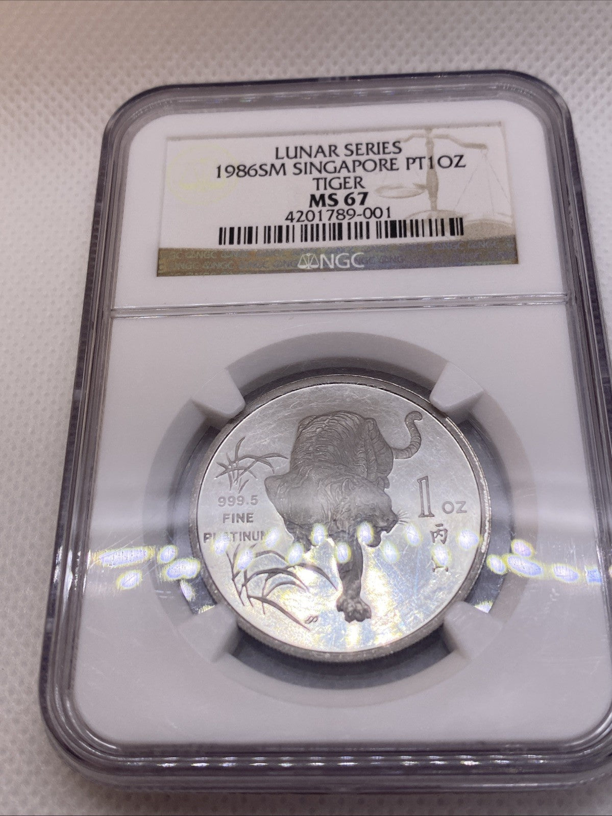 1986 Singapore Lunar Series Tiger 1 OZ Platinum NGC MS 67 Great Coin