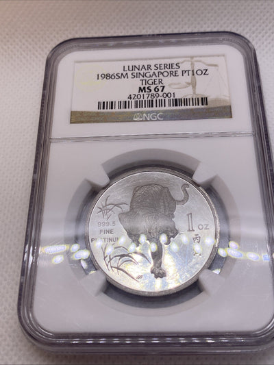 1986 Singapore Lunar Series Tiger 1 OZ Platinum NGC MS 67 Great Coin