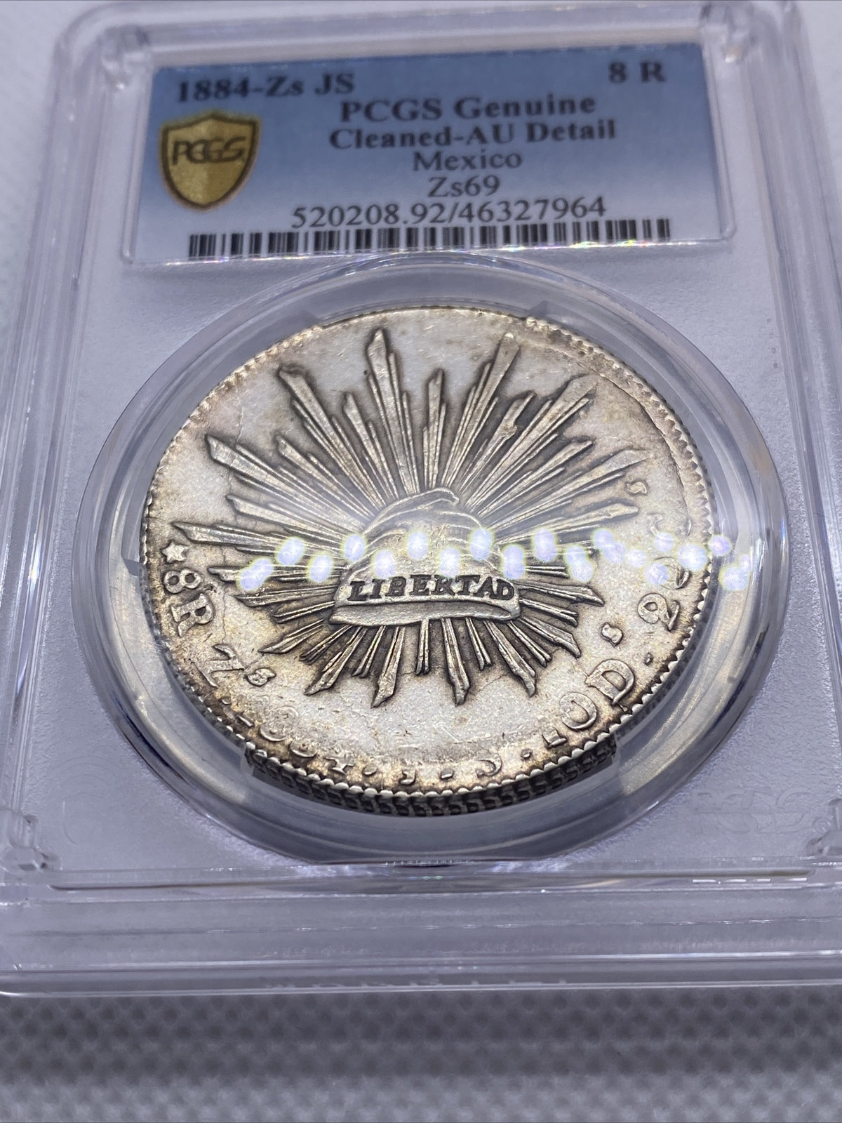 1884 Zs JS 8 Reales Zs69 PCGS AU Details 8R Mexico Silver Coin STRUCK THRU #7964