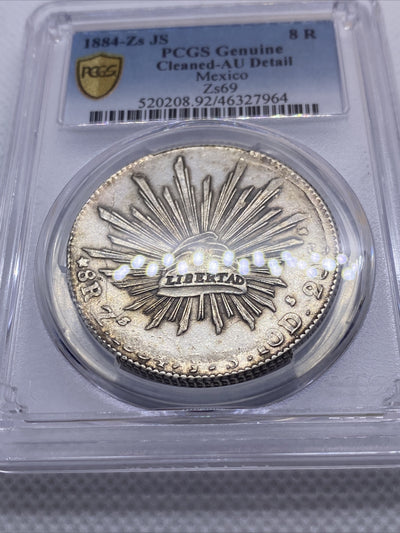 1884 Zs JS 8 Reales Zs69 PCGS AU Details 8R Mexico Silver Coin STRUCK THRU #7964