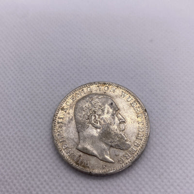 1909 F 3 Mark GERMAN States WURTTEMBERG WILHELM II 90% Silver Coin RARE #56644