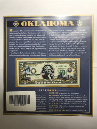 COLORIZED $2 NOTE SET VERMONT and OKLAHOMA GENUINE LEGAL TENDER