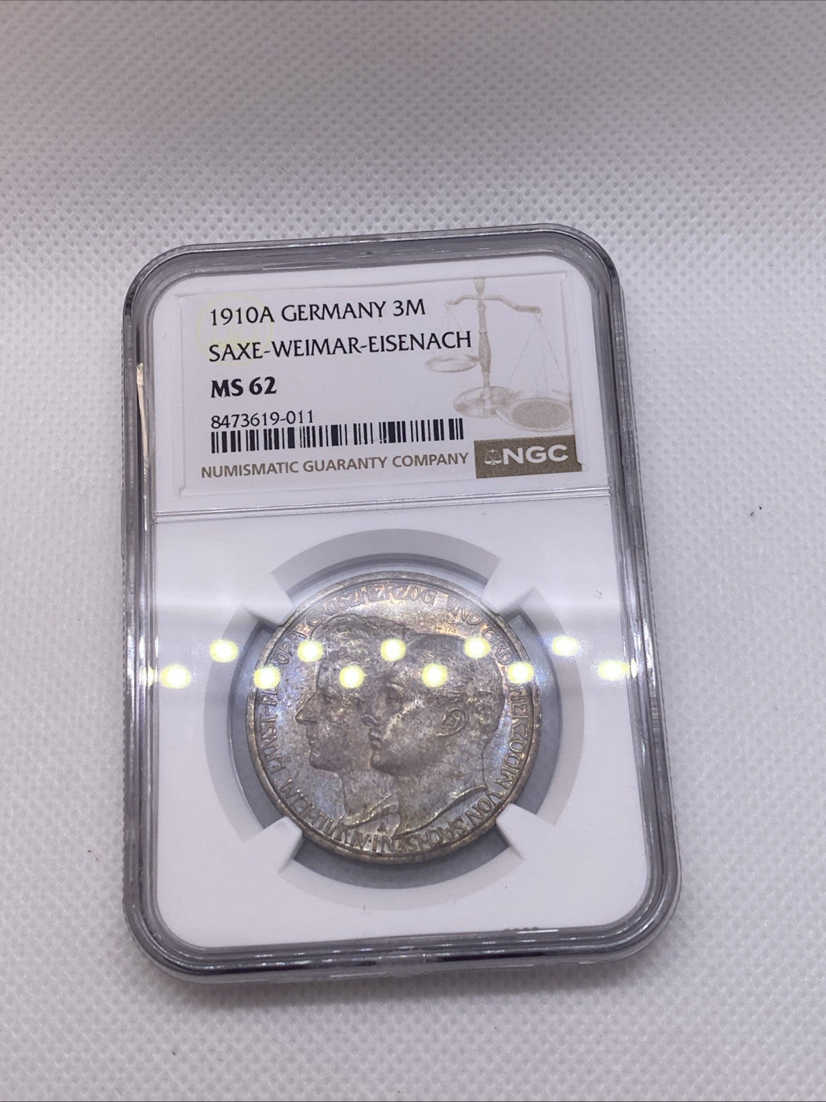 1910A 3M SAXE WEIMAR EISENACH 3 Marks German Wedding NGC MS 62 Silver Toned