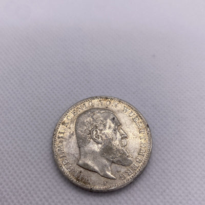1909 F 3 Mark GERMAN States WURTTEMBERG WILHELM II 90% Silver Coin RARE #56644