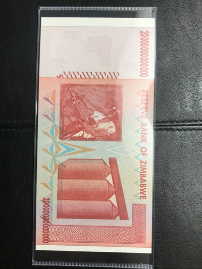 2008 20 Trillion Zimbabwe Dollars Banknote UNC 100 Trillion Series Low Serial #