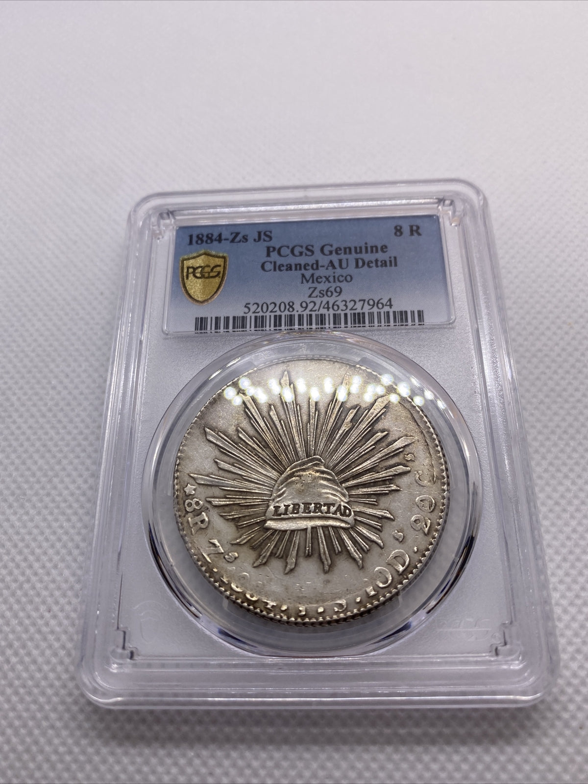 1884 Zs JS 8 Reales Zs69 PCGS AU Details 8R Mexico Silver Coin STRUCK THRU #7964