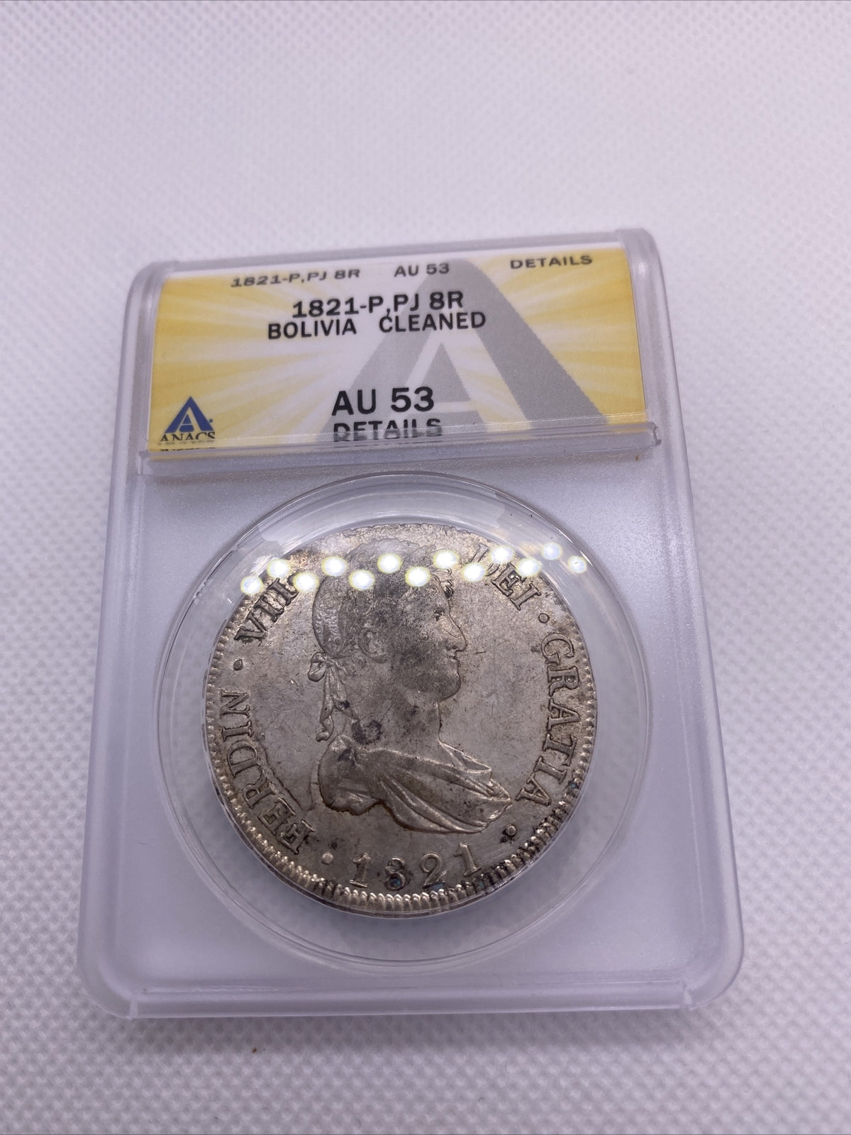 1821 PTS 8 Reales Bolivia Ferdinand VII Silver Anacs AU53 Details Silver #554