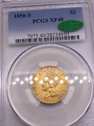1856 S Three Dollar Indian Gold Coin $3 NGC XF40 CAC Graded RARE