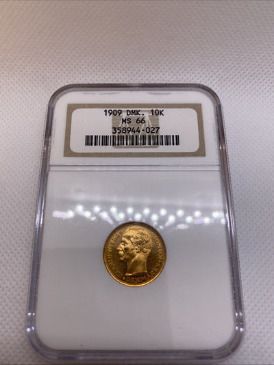 1909 Denmark 10 Kroner Frederik VIII Grade OLD NGC Slab MS 66 Gold Coin #944-027