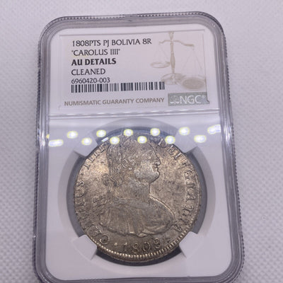 1808 PTS PJ SILVER CHARLES IIII 8 REALES BOLIVIA NGC AU VERY RARE AU #420-003