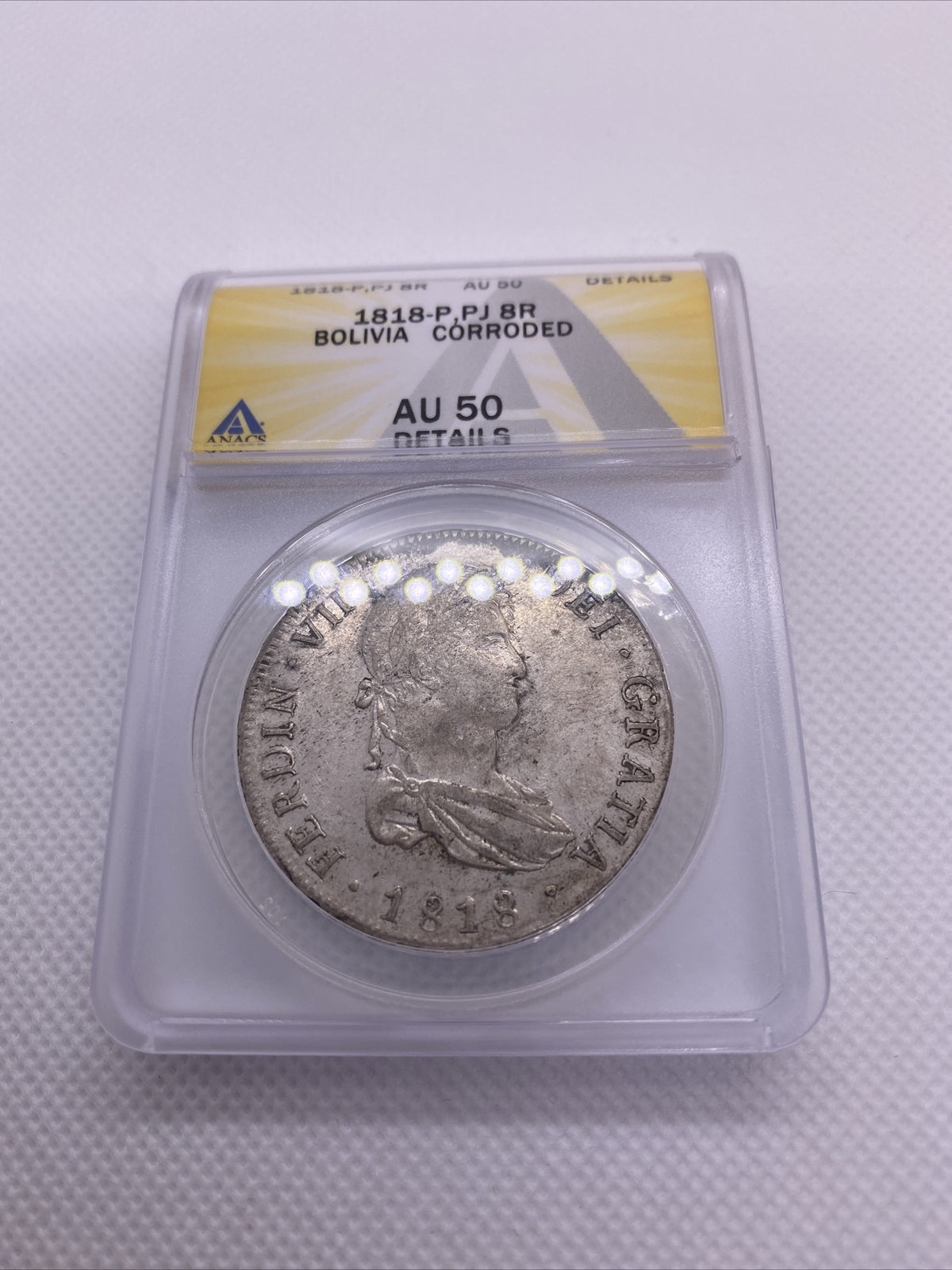 1818 PTS PJ Bolivia Silver 8R 8 Reales AU 50 Details Anacs Silver Potosi #558