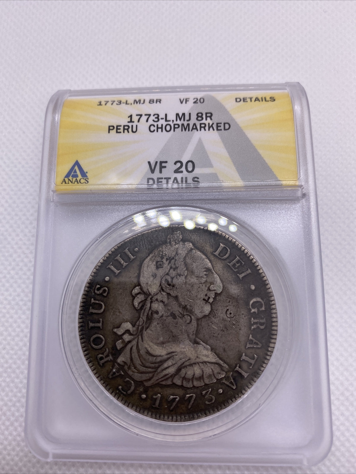 1773 8 Reales Lima Peru Chopmarks Anacs VF20 Details Carlos III (3) #560