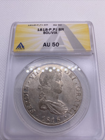 1818 PTS PJ Bolivia Silver 8R 8 Reales AU 50 Anacs Silver Potosi Mint #559