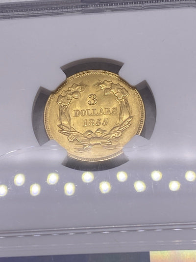 1855 $3 Three Dollar Gold Coin NGC UNC Beautiful Original Early US Gold Rare