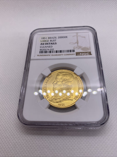 1851 Brazil 20000 Reis Large Bust NGC AU Det. Rio de Janeiro RARE