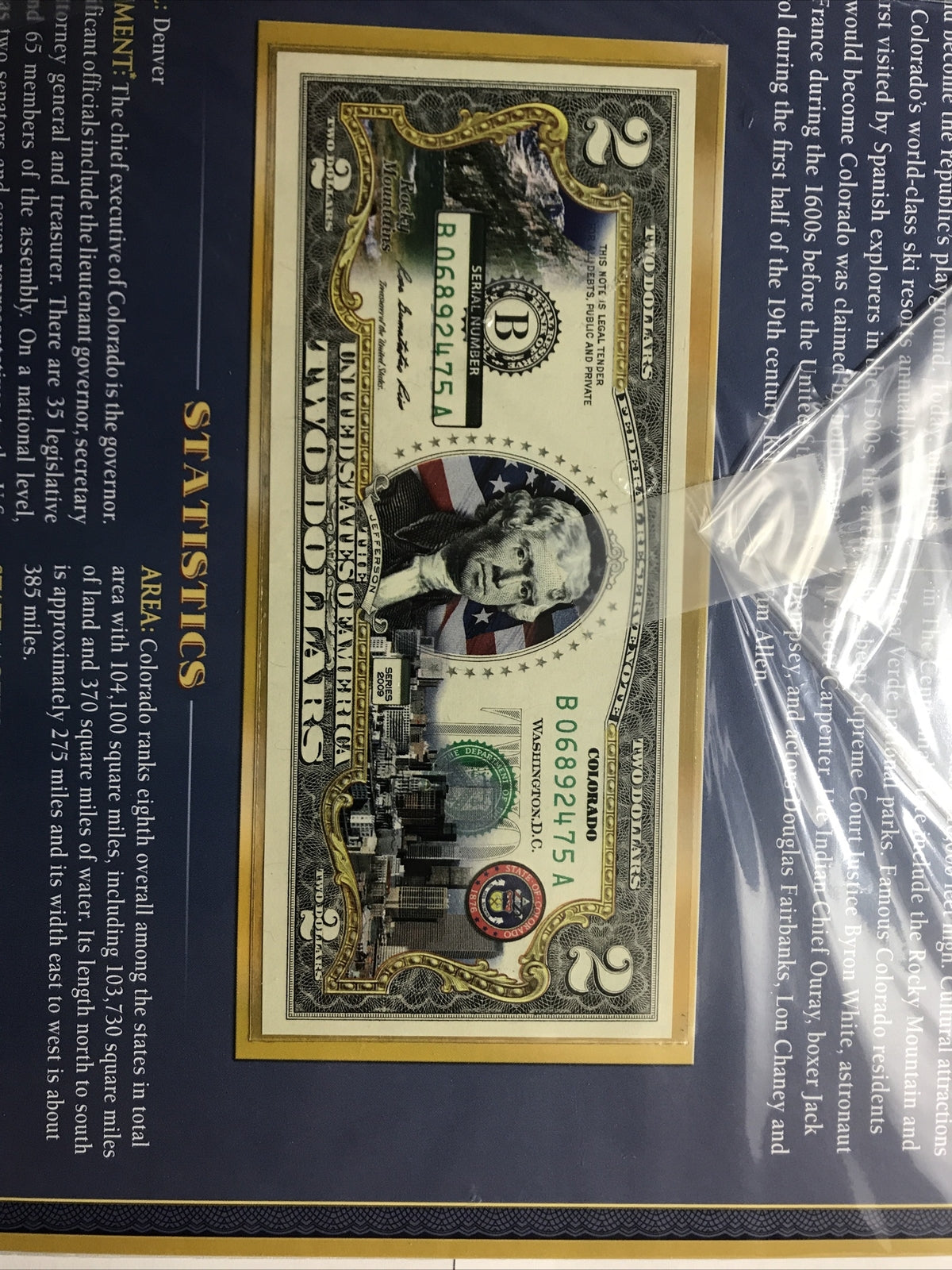 COLORIZED $2 NOTE SET COLORADO and WASHINGTON, D.C. GENUINE LEGAL TENDER #2
