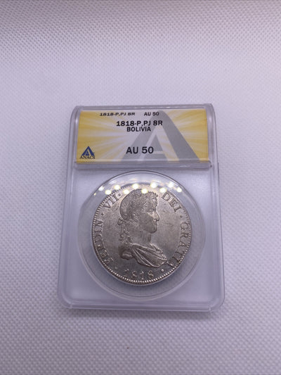 1818 PTS PJ Bolivia Silver 8R 8 Reales AU 50 Anacs Silver Potosi Mint #559