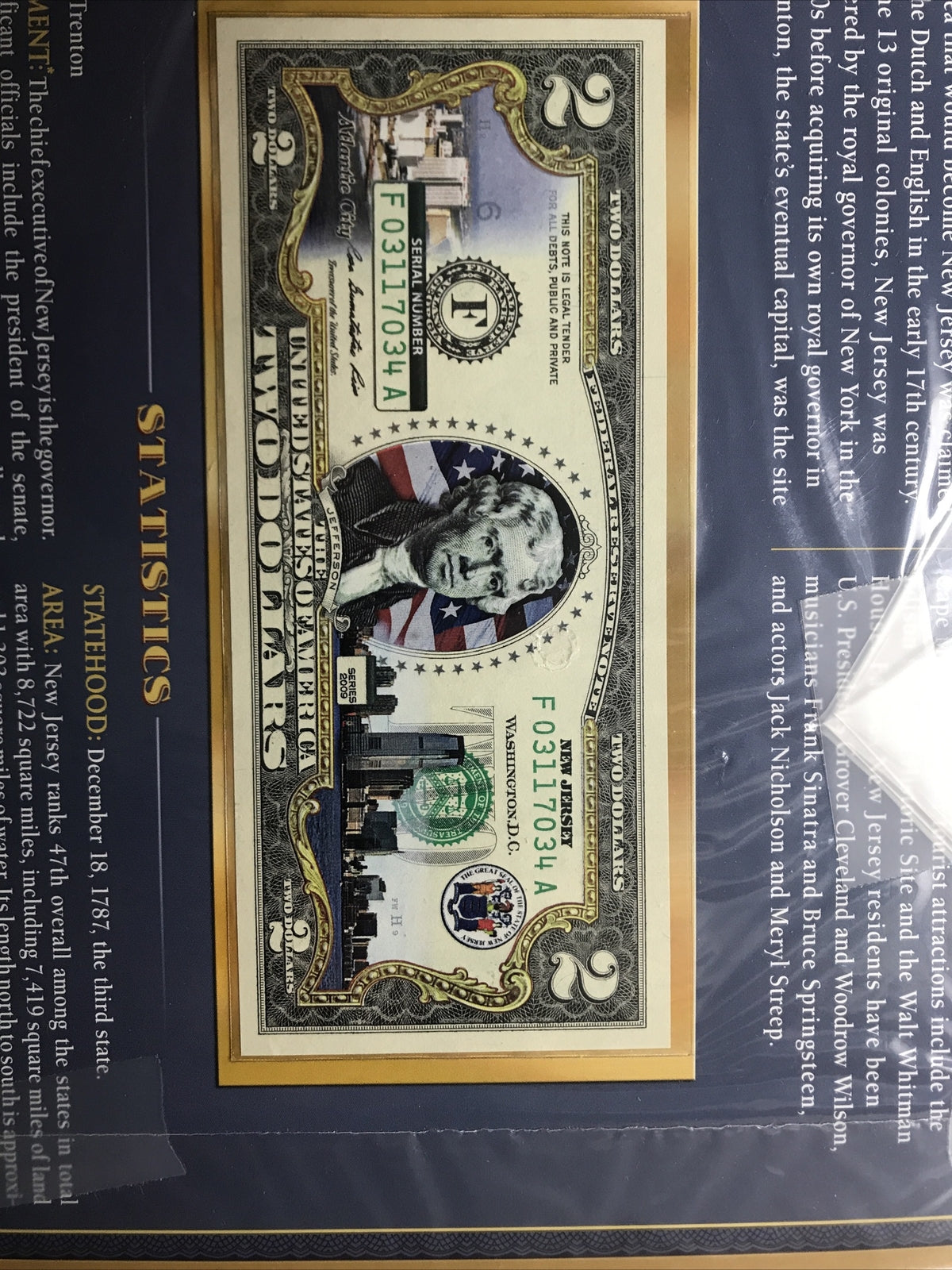 COLORIZED $2 NOTE SET NEW JERSEY and NEW MEXICO GENUINE LEGAL TENDER