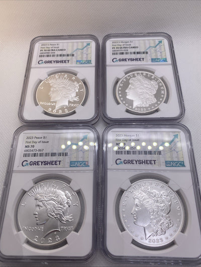 2023 $1 MORGAN & PEACE SILVER DOLLAR 4 COIN SET NGC MS 70 PF 70 FDOI