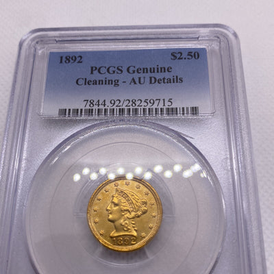 1892 Quarter Eagle $2.50 Gold Coin - NGC Graded AU Details VERY RARE Low Mintage